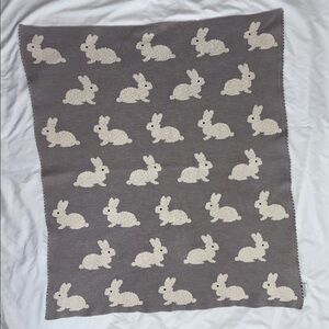 Taupe and Cream 100% Cotton Knit Baby Blanket with Bunny Motif